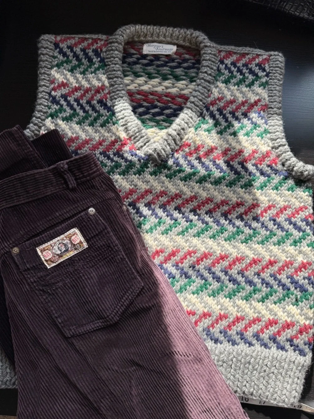 Vintage Harpur’s Knitwear Fair Isle Sweater Vest Chunky Knit Gray S/M - Picture 11 of 11